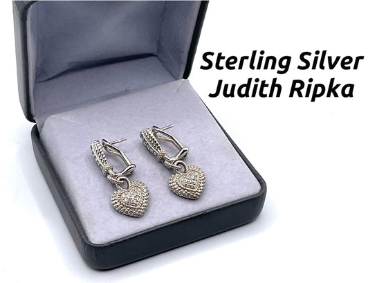 Lot 11- Sterling Silver Judith Ripka Dangle Heart Earrings