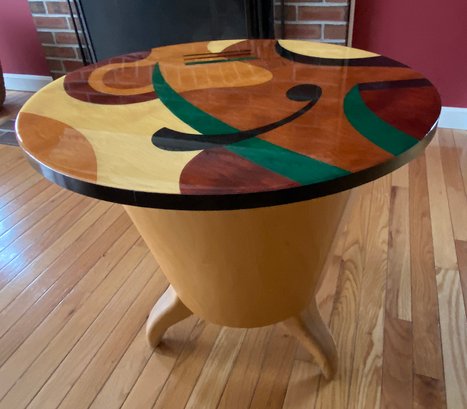 1980s Rare Modernist Post Modern Abstract In-laid Round Center Cocktail Table 'Lively' Signed Benjamin Le