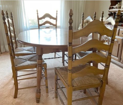 Lot 1 - Hale Rock Maple Round Dining Table And 6 Cape Ann Stenciled Ladderback Woven Rush Chairs Set