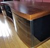 Lot 180- Contemporary BDI OLA 8137 Curved Front Audio Video Walnut Media Cabinet, Smoke Glass Doors, TV Stand