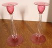 Lot 206- Steuben Signed 10' Art Glass Pink Candle Stick Holders - Pair