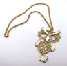 Lot 26- Vintage Big Owl Necklace Costume Gold Chain And Pendant Statement Piece Of Jewelry