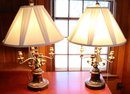Lot 102-   Pair Of 2 Brass Table Lamps Candle Holders & Snuffer With Shades.