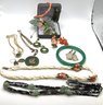 Lot 52- Coral Jade Green 12k GF Pin, Earrings, Necklace, Pendant, Bracelet Mixed Lot Of 14
