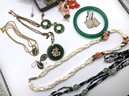 Lot 52- Coral Jade Green 12k GF Pin, Earrings, Necklace, Pendant, Bracelet Mixed Lot Of 14