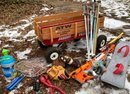 Lot 275 - Red Radio Flyer Wagon Filled With Toys - LL Bean Ski Poles, Baseball Gloves