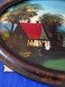 Lot 53 - Antique Oval Bubble Glass Reverse Painting - House On Lake With Mountains
