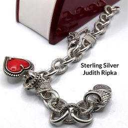 Lot 35- Sterling Silver Judith Ripka CZ Bracelet With 2 Charms Heart & Key