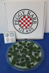 Lot 211- NEW SHAMROCK Peggy Karr Round Art Glass Irish Platter - New In Box - Hand Made In USA