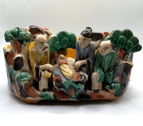 Lot 107- Antique Japanese Sumida Gawa Planter Bowl Men Figures Glazed