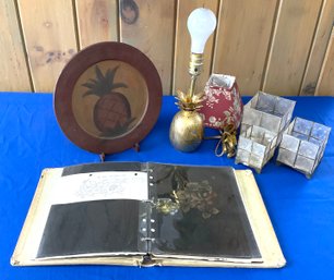 Lot 167- Brass Pineapple Lamp Candle Holders Stencil Book Decorative Plate Lot