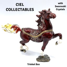 Lot 32B- CIEL Collectables Running Galloping Enamel Horse Trinket Box Swarovski Crystals Blonde Tail