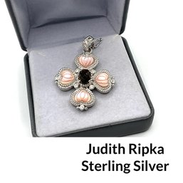 Lot 55 - Judith Ripka Sterling Silver Cross Pendant Pink Quartz Hearts Smoky Topaz