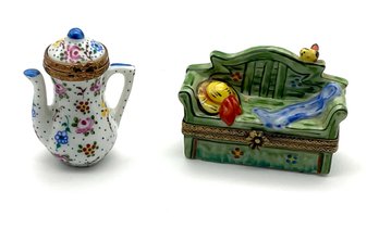 Lot 201- Limoges Trinket Boxes - Tea Pot & Bench With Bird France Lot Of 2