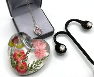 Lot 38- Fun Lot! Resin Heart Paperweight Necklace Earrings Pink Crystal Heart