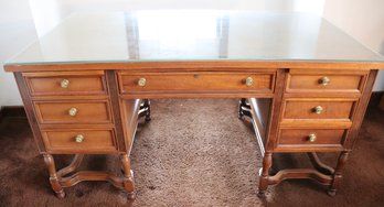 Lot 132-  Mahogany Executive 7 Drawer Executive Desk With Glass Top And Side Writing Shelves