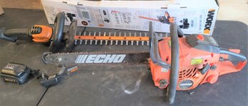Lot 301 - Yard Power Tools X 2 Echo Chainsaw & Worx Battery Op Hedge Trimmer