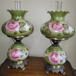 Lot 5  - Pair Of Antique Hurricane Lamps, Hand Painted Rose/Floral Green Gone With The Wind