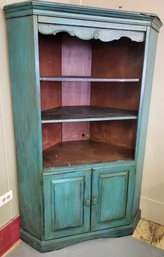 Lot 13 - Gorgeous! Farmhouse Vintage Distressed Wood, Robin's Egg Blue Corner Hutch Cabinet