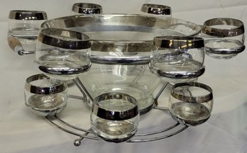 Lot 23 - MCM Mid Century Punchbowl Set- Glass With Silver Rim