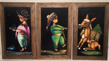 Lot 106 - Set Of Three MCM Mid Century Framed Crushed Velvet Colorful Paintings