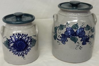 Lot 109 - Pair Of Vintage Great Bay Pottery NH Stoneware Salt Glaze Decorated Covered Crocks