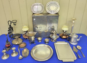 Lot 104 - Mixed Metal Wares Lot, Silver-plate, Copper Lamps, Bread Box, Etc. Over 20 Pieces!