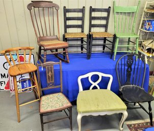 Lot 107 - Grouping Of Eight Vintage Wooden Rush  Stenciled Chairs  Have A Seat!