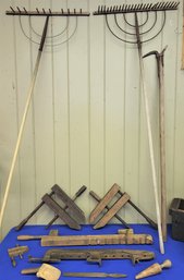 Lot 118 - Antique Tools Lot - Clamps, Rakes, Saw, Etc. TWELVE PIECES.