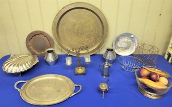 Lot 124 - Mixed Lot Of Cool Stuff. Brass Asian Charger, Copper Teapot, Etc.   14 Pieces!