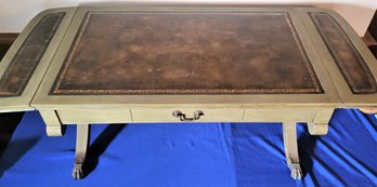 Lot 128 - Mahogany Leather Top Drop Leaf Green Coffee Table