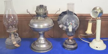 Lot 141 - Lot Of 4 - Lamps - Oil, Candle, Candlestick Phone