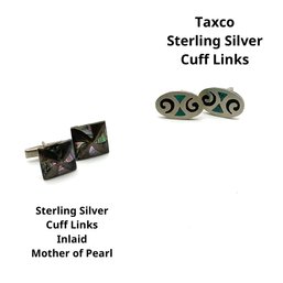 Lot M42- Sterling Silver Cuff Links - Taxco Mexico Inlaid Turquoise Oynx Mother Of Pearl