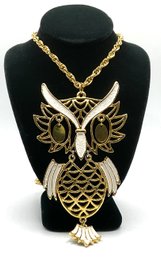 Lot 26- Vintage Big Owl Necklace Costume Gold Chain And Pendant Statement Piece Of Jewelry