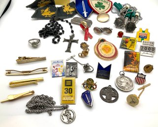 Lot M14- Mens Mixed Junk Drawer Lot- Cuff Links Sterling Silver Religious Patches Pins 14K GF Tie Clip