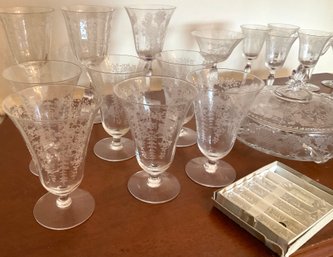 Lot 25- Vintage Etched Stemware Wine Glasses Covered Dish & Crystal Knife Holders