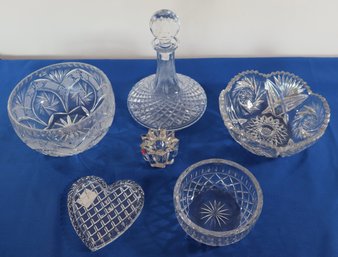 Lot 212-  6 Piece Vintage Crystal Lot - Candle Holders - Bowls - Heart Dish - Stunning Decanter