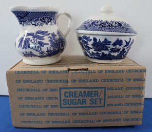 Lot 277- Churchill Blue Willow England Sugar Bowl & Creamer - New In Box -b