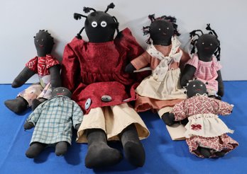 Lot 265-  Primitive Handmade Black Cloth Folk Art Rag Dolls In Wicker Basket