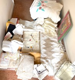 Lot 102- Big Mixed Linen Lot - Tablecloths- Napkins - Runners - Chenille Bedspread - Crocheted & More! As Is