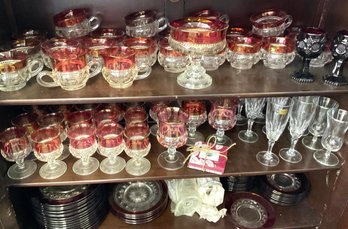 Lot 41- Huge Lot Of Kings Crown Ruby Cranberry Dish Stemware Lot & Vase