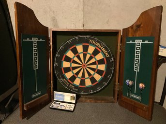 Lot 293- Brookstone Tournament Dart Board In Pine Cabinet  With Darts
