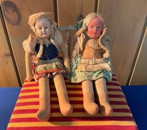 Lot 140- Antique Pair Of Bisque Dolls & Rustic Doll Bed