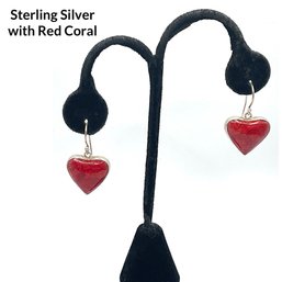 Lot 47- Sterling Silver And Red Coral Heart Earrings -Love! Valentines Day