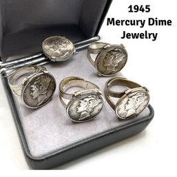 Lot 108- Mercury Silver Coin Dimes 1945 Rings & Tie Clip Lot Of 5