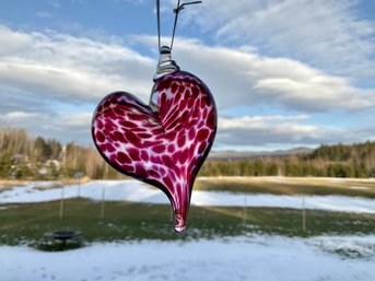 Lot 66- Signed Studio Glass Pink Red Glass Heart Window Decor Ornament - PRETTY!