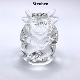 Lot 90B- Steuben Crystal Signed Bull Hand Cooler Paper Weight Made In USA