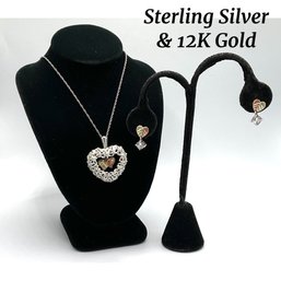 Lot 67- Sterling Silver & 12K Gold Chain Heart Pendant And Earrings Lot - Valentines