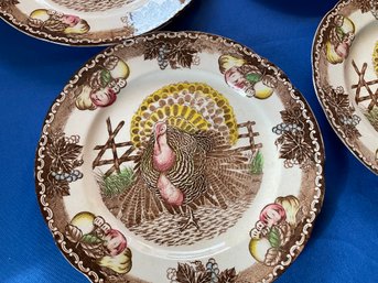 Lot 35- Thanksgiving King Tom Turkey Plates Lot Of 5 And Planter
