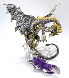 Lot 90G- The Franklin Mint Silver Fantasy Dragon Holding Crystal Figurine By Michael Whelan